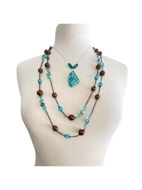 Wire-Wrapped Sea Glass Pendant Necklace With Brown & Aqua Beads Long Layered Des